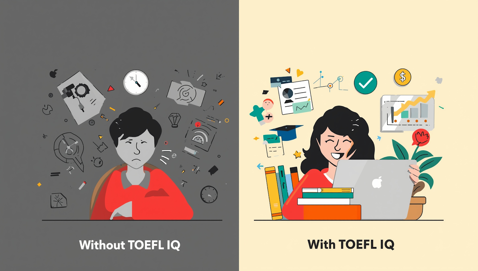 Comparison: Without TOEFL IQ vs With TOEFL IQ - showing the difference in study experience